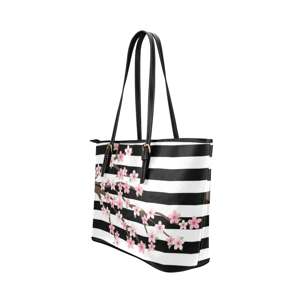 Black White Stripes, Cherry Blossom Flower Tree, Floral Pattern Leather Tote Bag/Small (Model 1651)