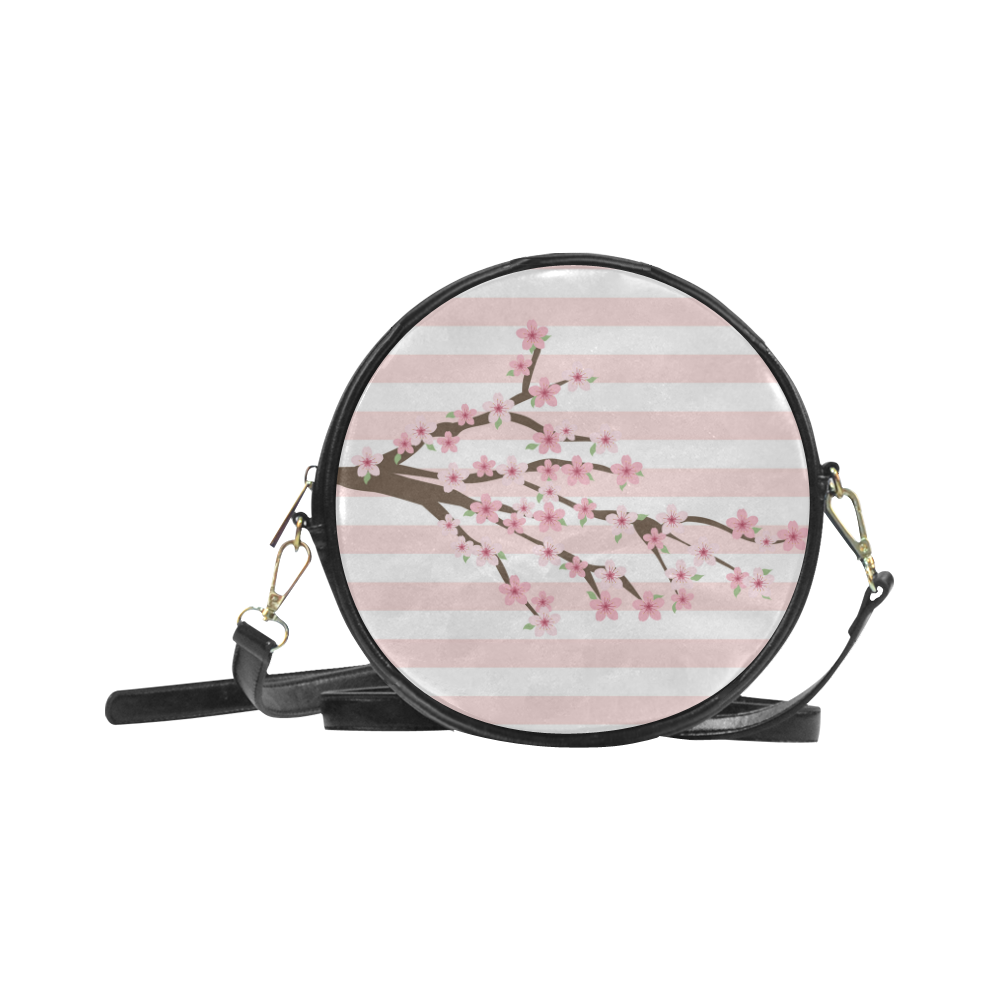 Pink White Stripes, Cherry Blossom Tree, Floral Pattern Round Sling Bag (Model 1647)