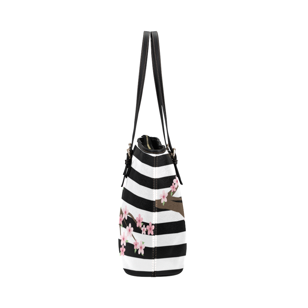Black White Stripes, Cherry Blossom Flower Tree, Floral Pattern Leather Tote Bag/Small (Model 1651)