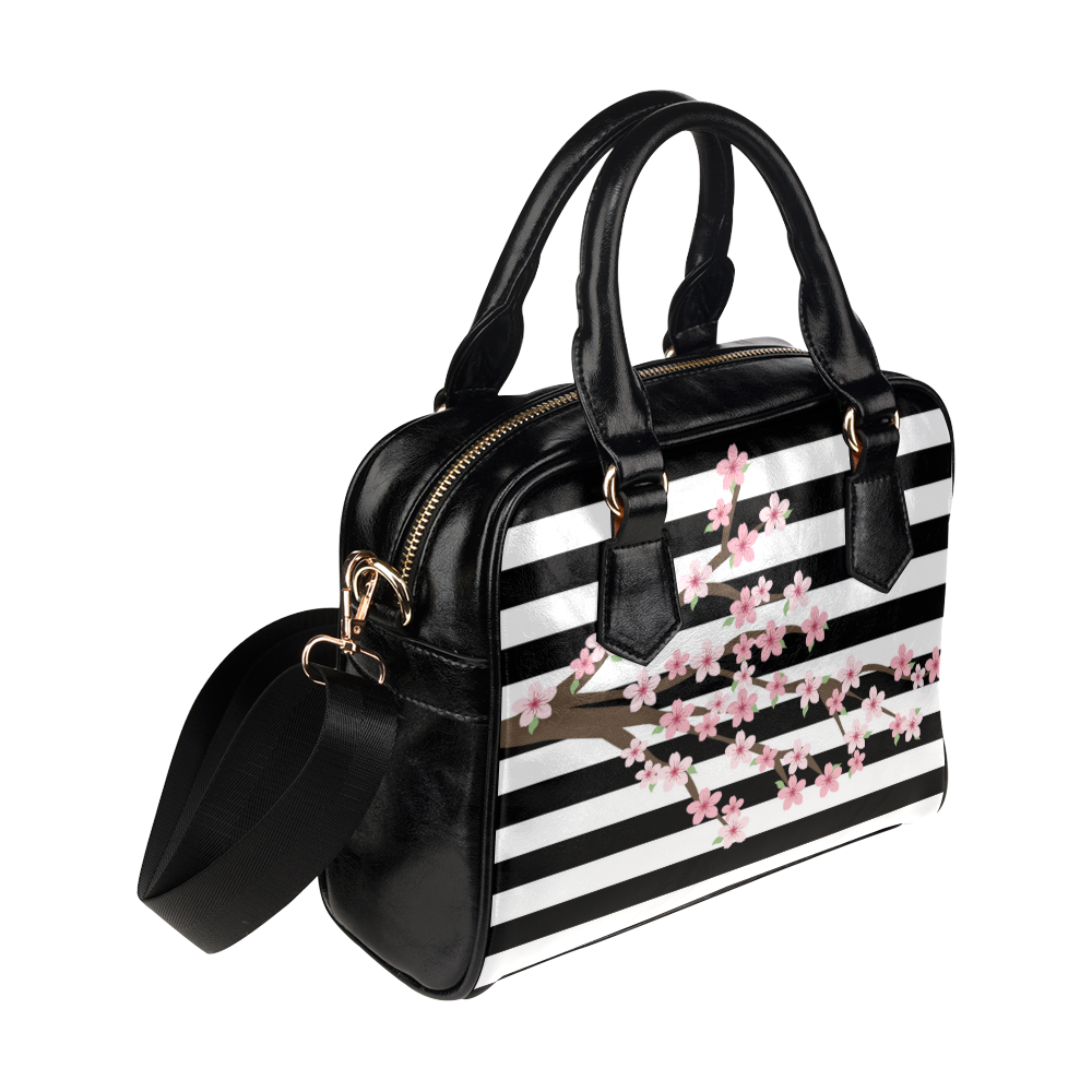 Black White Stripes, Cherry Blossom Flower Tree, Floral Pattern Shoulder Handbag (Model 1634)