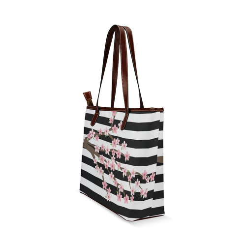 Black White Stripes, Cherry Blossom Flower Tree, Floral Pattern Shoulder Tote Bag (Model 1646)