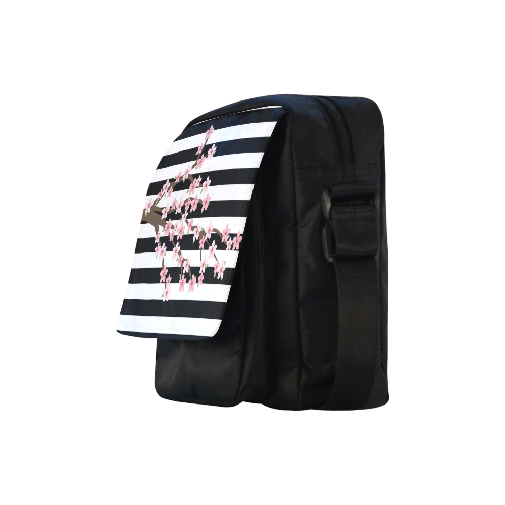 Black White Stripes, Cherry Blossom Flower Tree, Floral Pattern Crossbody Nylon Bags (Model 1633)