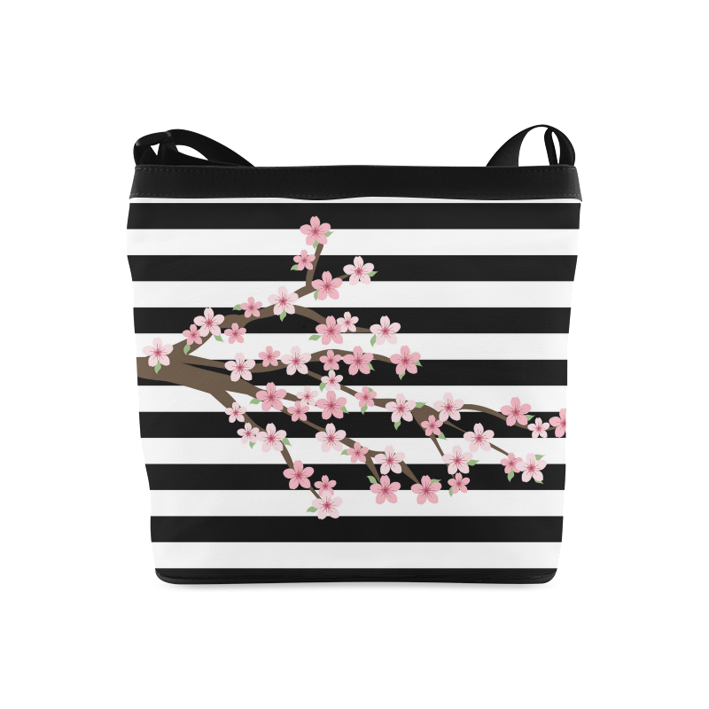 Black White Stripes, Cherry Blossom Flower Tree, Floral Pattern Crossbody Bags (Model 1613)