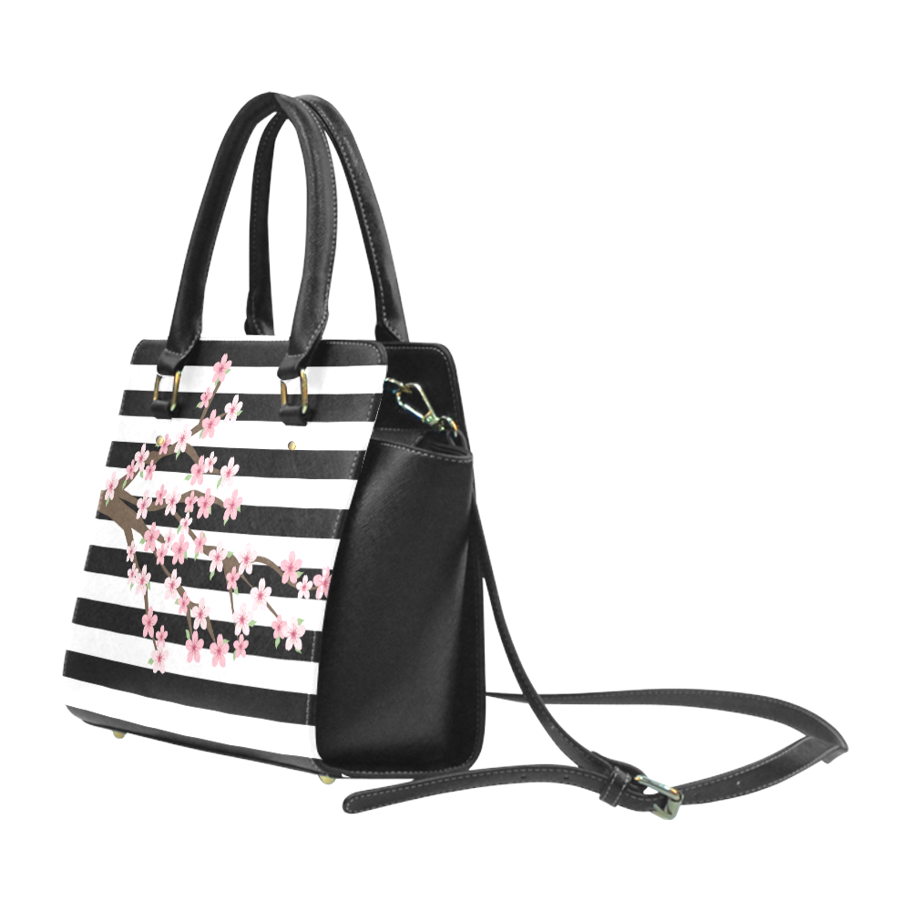 Black White Stripes, Cherry Blossom Flower Tree, Floral Pattern Classic Shoulder Handbag (Model 1653)