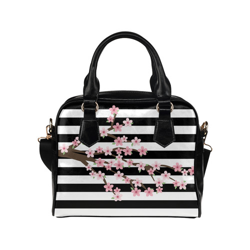 Black White Stripes, Cherry Blossom Flower Tree, Floral Pattern Shoulder Handbag (Model 1634)