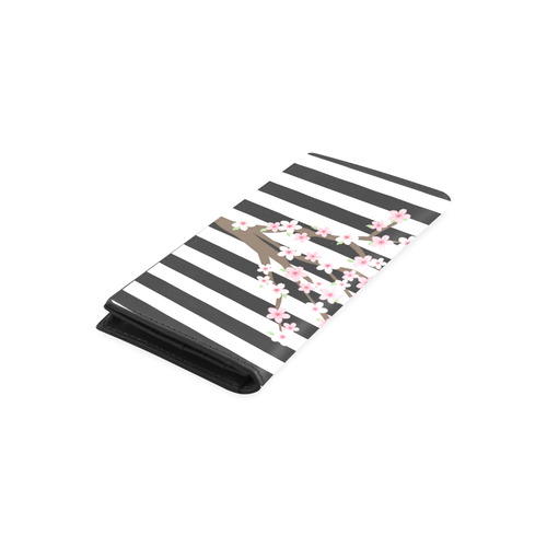 Black White Stripes, Cherry Blossom Flower Tree, Floral Pattern Women's Leather Wallet (Model 1611)