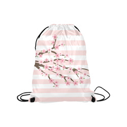 Pink White Stripes, Cherry Blossom Tree, Floral Pattern Medium Drawstring Bag Model 1604 (Twin Sides) 13.8"(W) * 18.1"(H)