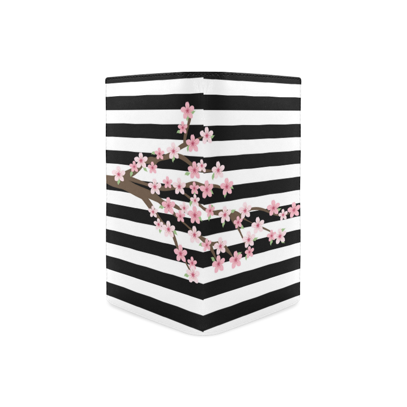 Black White Stripes, Cherry Blossom Flower Tree, Floral Pattern Women's Leather Wallet (Model 1611)