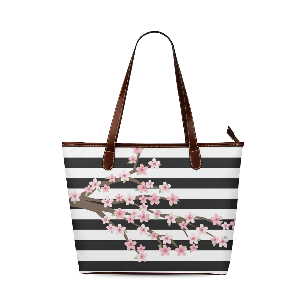 Black White Stripes, Cherry Blossom Flower Tree, Floral Pattern Shoulder Tote Bag (Model 1646)