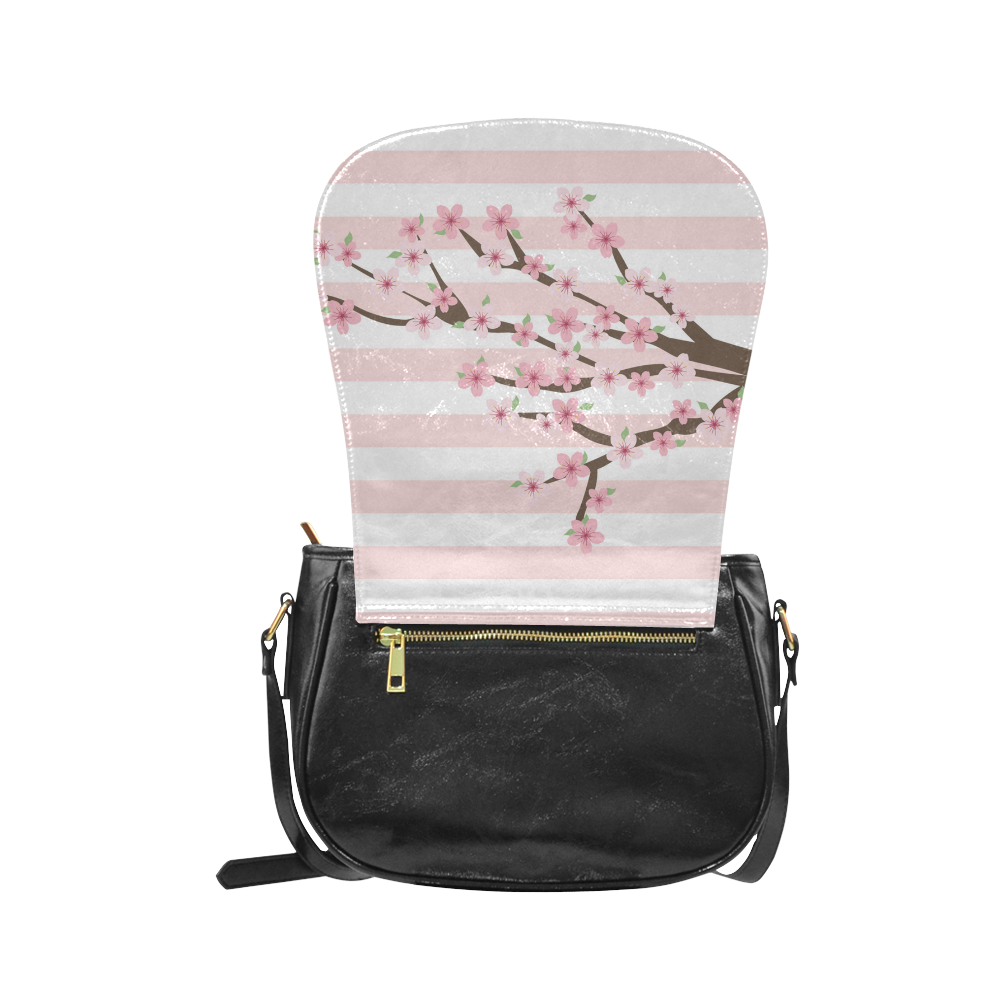 Pink White Stripes, Cherry Blossom Tree, Floral Pattern Classic Saddle Bag/Large (Model 1648)