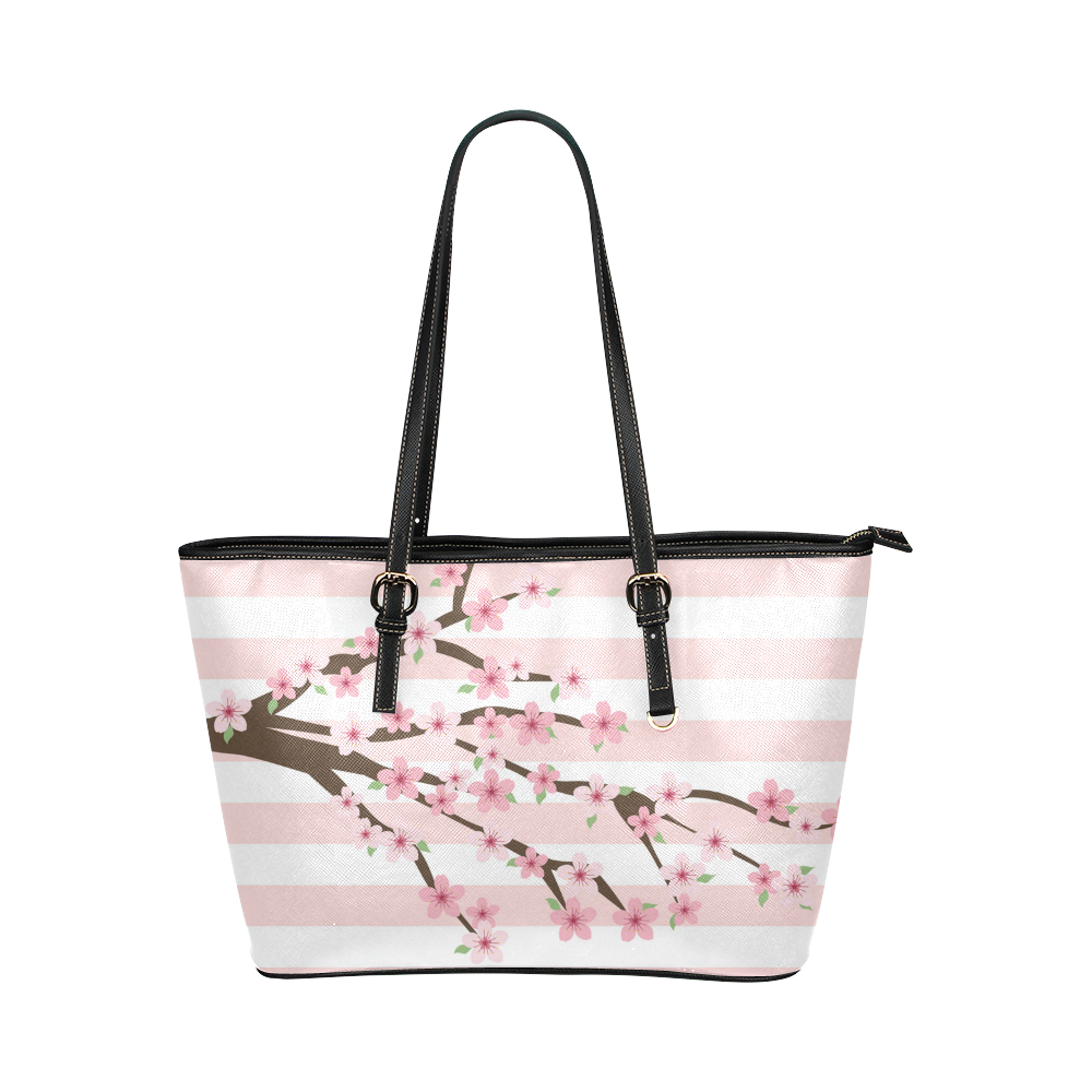 Pink White Stripes, Cherry Blossom Tree, Floral Pattern Leather Tote Bag/Small (Model 1651)