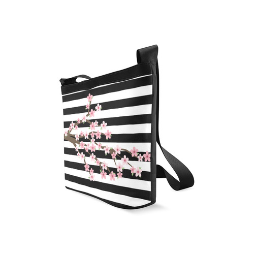 Black White Stripes, Cherry Blossom Flower Tree, Floral Pattern Crossbody Bags (Model 1613)