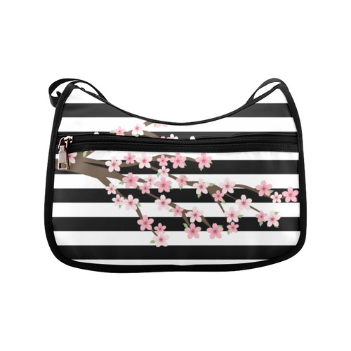 Black White Stripes, Cherry Blossom Flower Tree, Floral Pattern Crossbody Bags (Model 1616)