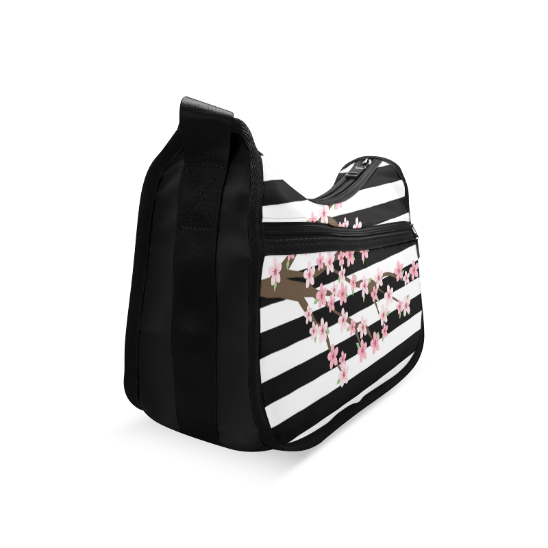 Black White Stripes, Cherry Blossom Flower Tree, Floral Pattern Crossbody Bags (Model 1616)