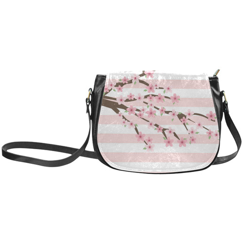 Pink White Stripes, Cherry Blossom Tree, Floral Pattern Classic Saddle Bag/Large (Model 1648)