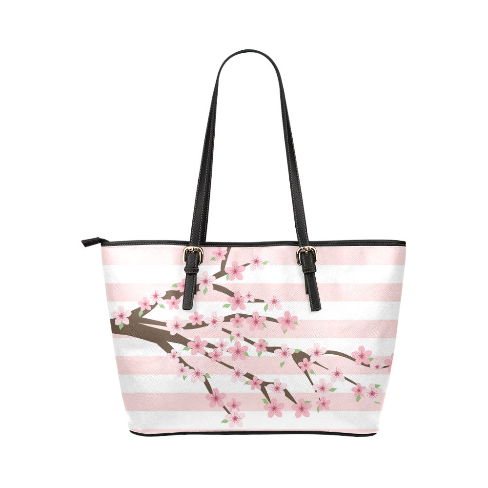 Pink White Stripes, Cherry Blossom Tree, Floral Pattern Leather Tote Bag/Small (Model 1651)
