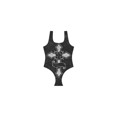 Distressed Cross Gothic Print Vest One Piece Swimsuit (Model S04)