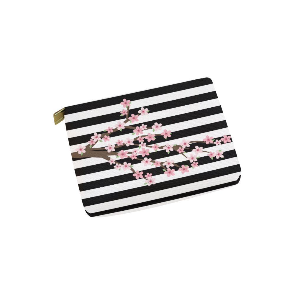 Black White Stripes, Cherry Blossom Flower Tree, Floral Pattern Carry-All Pouch 6''x5''