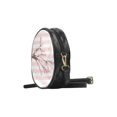 Pink White Stripes, Cherry Blossom Tree, Floral Pattern Round Sling Bag (Model 1647)