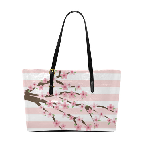 Pink White Stripes, Cherry Blossom Tree, Floral Pattern Euramerican Tote Bag/Large (Model 1656)