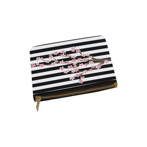 Black White Stripes, Cherry Blossom Flower Tree, Floral Pattern Carry-All Pouch 6''x5''