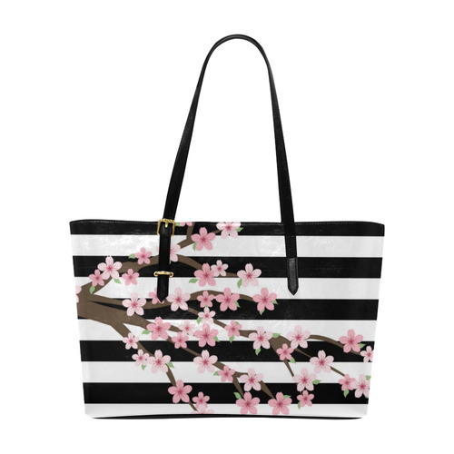 Black White Stripes, Cherry Blossom Flower Tree, Floral Pattern Euramerican Tote Bag/Large (Model 1656)