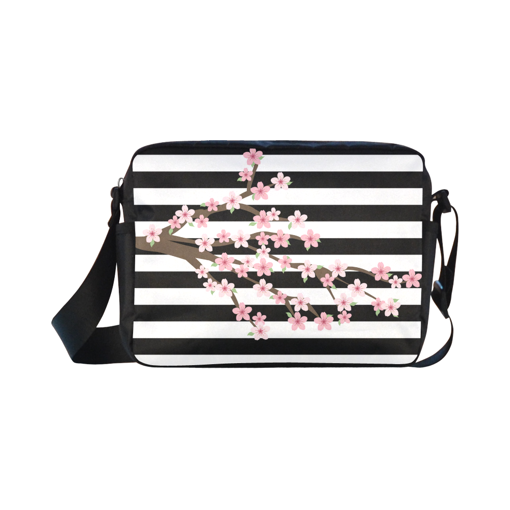 Black White Stripes, Cherry Blossom Flower Tree, Floral Pattern Classic Cross-body Nylon Bags (Model 1632)