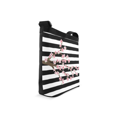 Black White Stripes, Cherry Blossom Flower Tree, Floral Pattern Crossbody Bags (Model 1613)