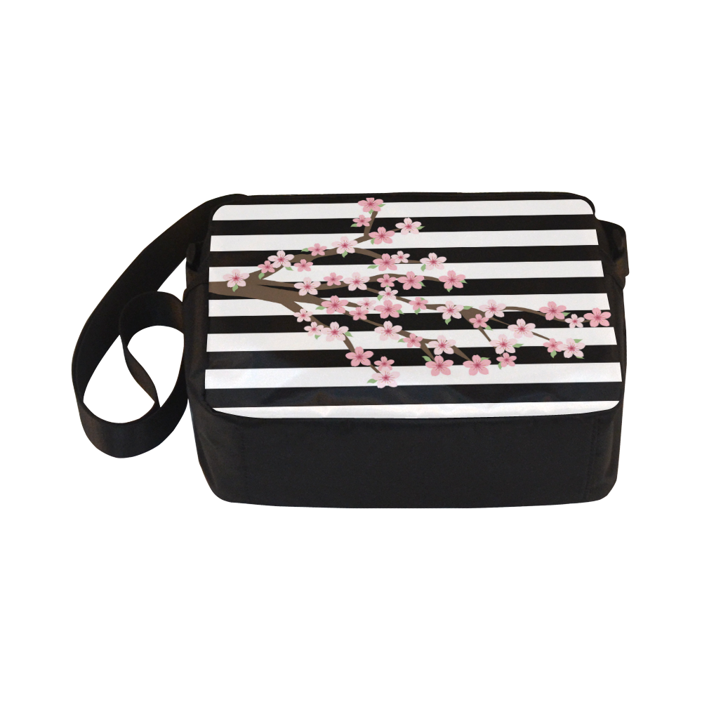 Black White Stripes, Cherry Blossom Flower Tree, Floral Pattern Classic Cross-body Nylon Bags (Model 1632)