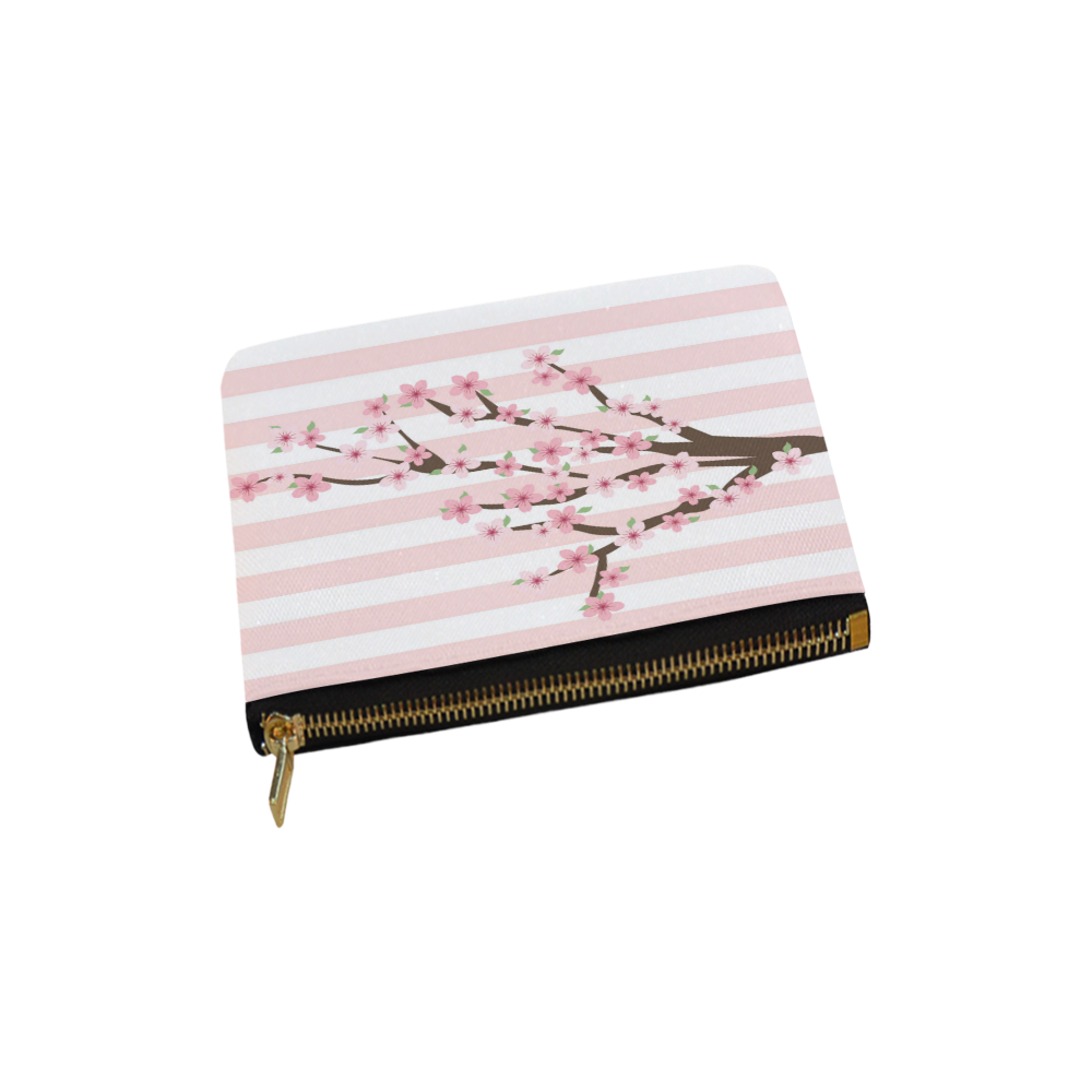 Pink White Stripes, Cherry Blossom Tree, Floral Pattern Carry-All Pouch 6''x5''