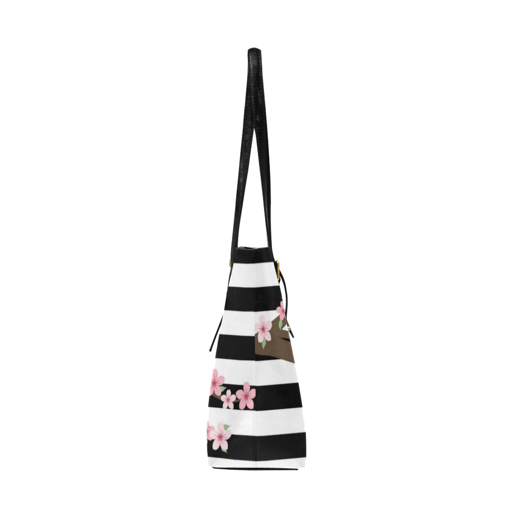 Black White Stripes, Cherry Blossom Flower Tree, Floral Pattern Euramerican Tote Bag/Large (Model 1656)