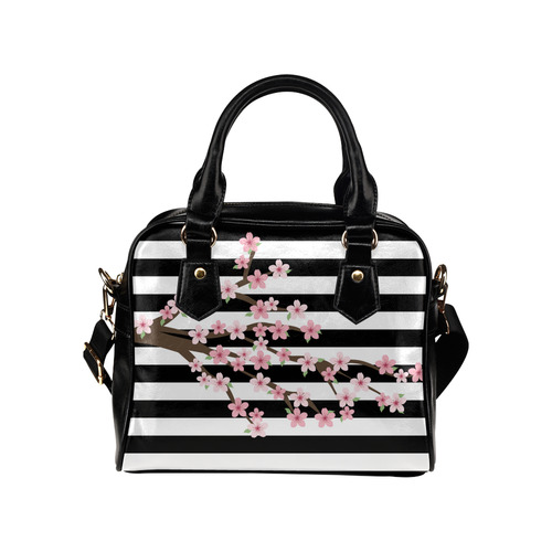 Black White Stripes, Cherry Blossom Flower Tree, Floral Pattern Shoulder Handbag (Model 1634)