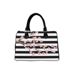 Black White Stripes, Cherry Blossom Flower Tree, Floral Pattern Boston Handbag (Model 1621)
