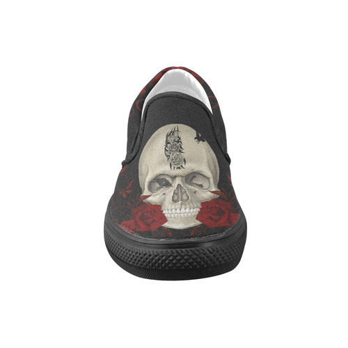 Gothic Skull With Tribal Tatoo Women's Unusual Slip-on Canvas Shoes (Model 019)