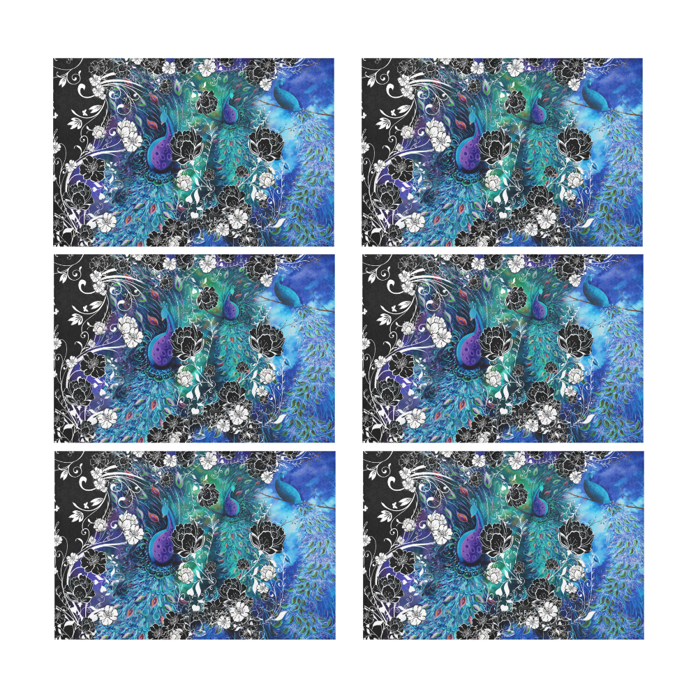 Peacock Garden Flowers Art Print Placemat Set Placemat 12’’ x 18’’ (Set of 6)