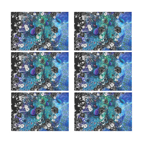 Peacock Garden Flowers Art Print Placemat Set Placemat 12’’ x 18’’ (Set of 6)