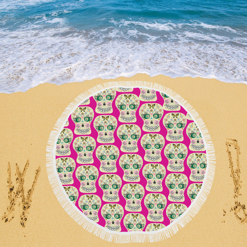 Sugar pink skull butterfly 2 by Martina Webster Circular Beach Shawl 59"x 59"