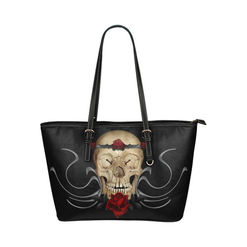 Queen Of Roses Gothic Skull Leather Tote Bag/Large (Model 1651)