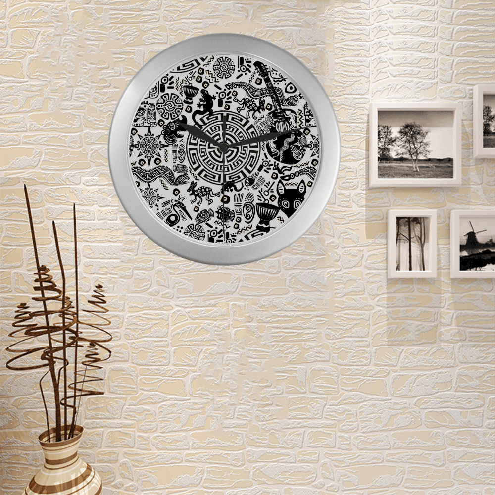 Primitive Symbol Print Clock Silver Color Wall Clock