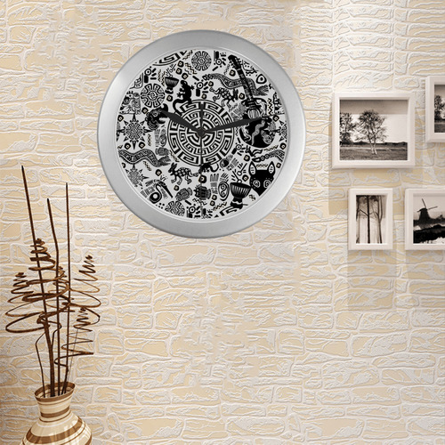 Primitive Symbol Print Clock Silver Color Wall Clock