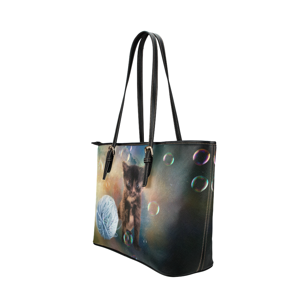 Playful cute black kitten Leather Tote Bag/Large (Model 1651)