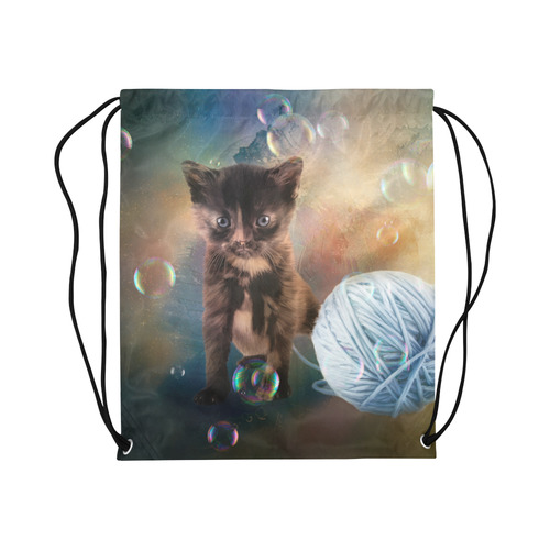 Playful cute black kitten Large Drawstring Bag Model 1604 (Twin Sides)  16.5"(W) * 19.3"(H)
