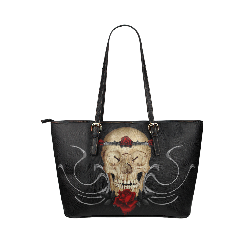 Queen Of Roses Gothic Skull Leather Tote Bag/Large (Model 1651)