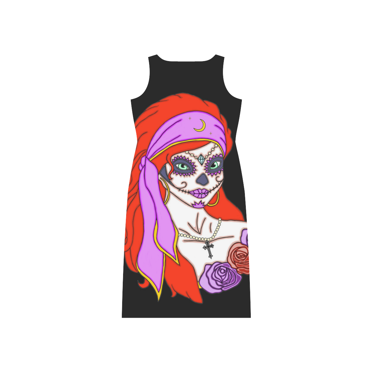 Sugar Skull Mexican Skull Women's Long Tank Dress (Black)