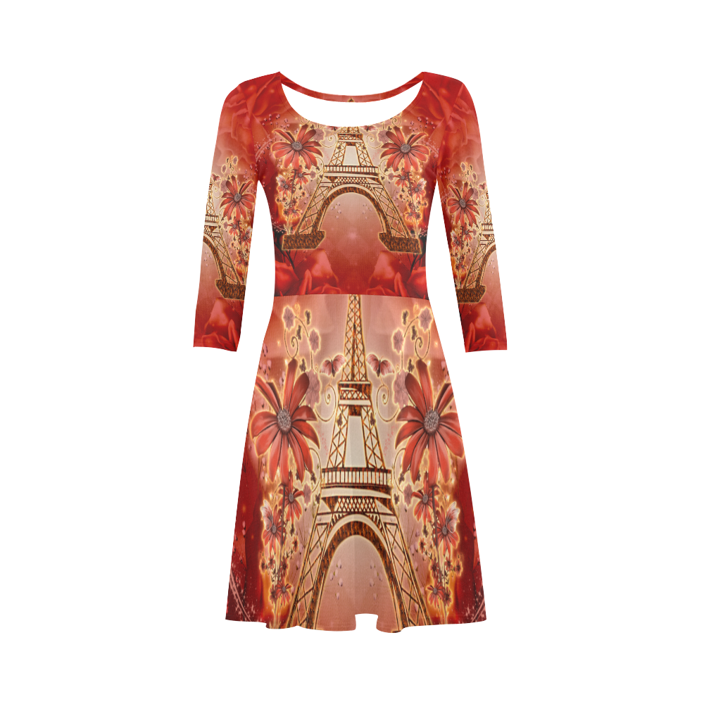 The eiffel tower with flowers, red colors 3/4 Sleeve Sundress (D23)