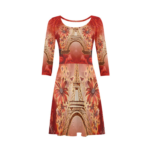 The eiffel tower with flowers, red colors 3/4 Sleeve Sundress (D23)