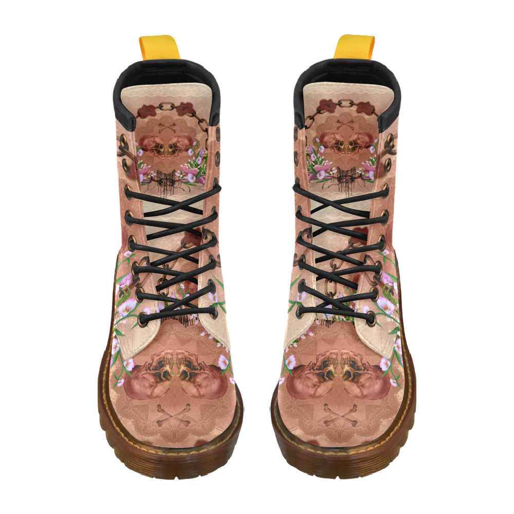Awesome skulls with flowres High Grade PU Leather Martin Boots For Women Model 402H