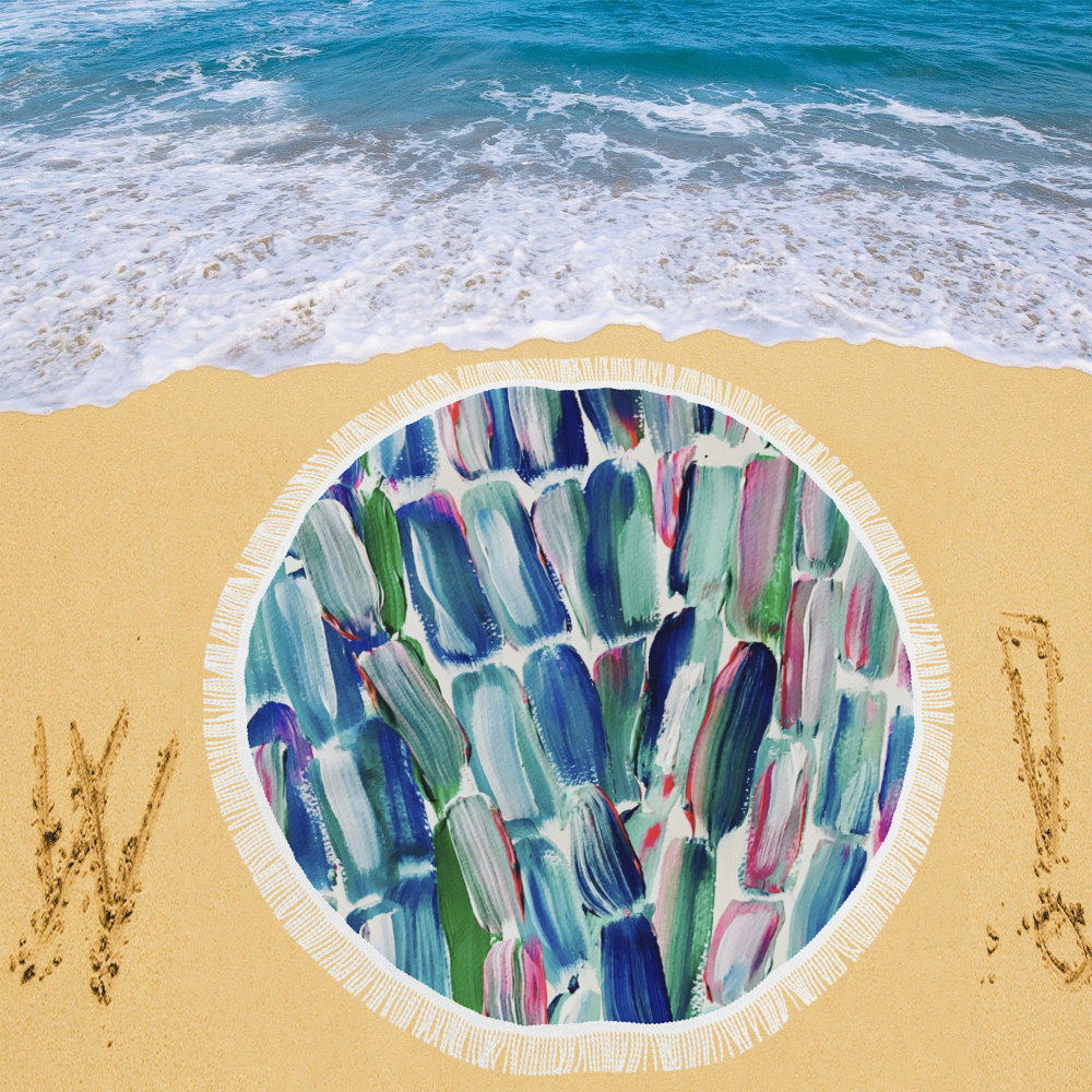 Blue Pink Green Sugarcane Circular Beach Shawl 59"x 59"