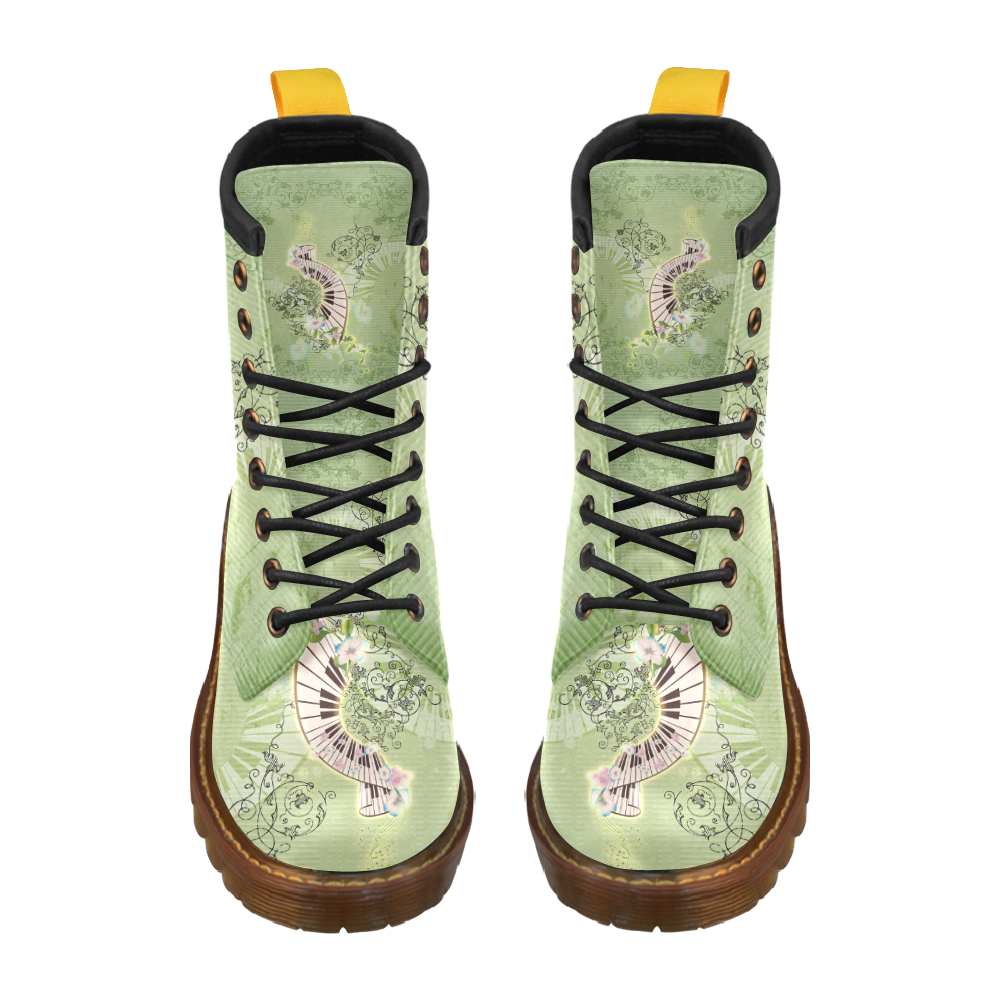Wonderful piano with flowers on green background High Grade PU Leather Martin Boots For Women Model 402H