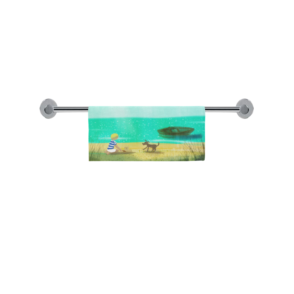 boy by the sea with dog summer time boat ocean water art print illustration by agnes laczo Square Towel 13“x13”